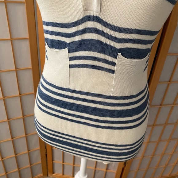 **PRADA** Navy Blue White Stripe T-shirt Blouse Size 40 Small Button Pockets - Picture 4 of 9